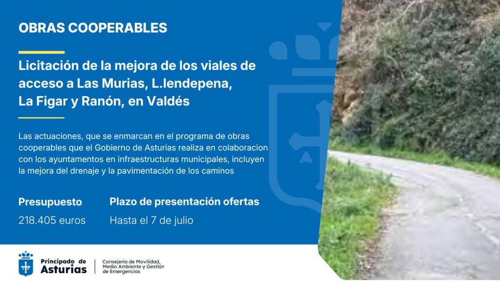 El Gobierno de Asturias licita los trabajos de mejora de los viales de Las Murias, L.lendepena, La Figar y Ranón, en Valdés, por 218.000 euros El Gobierno de Asturias licita los trabajos de mejora de los viales de Las Murias, L.lendepena, La Figar y Ranón, en Valdés, por 218.000 euros